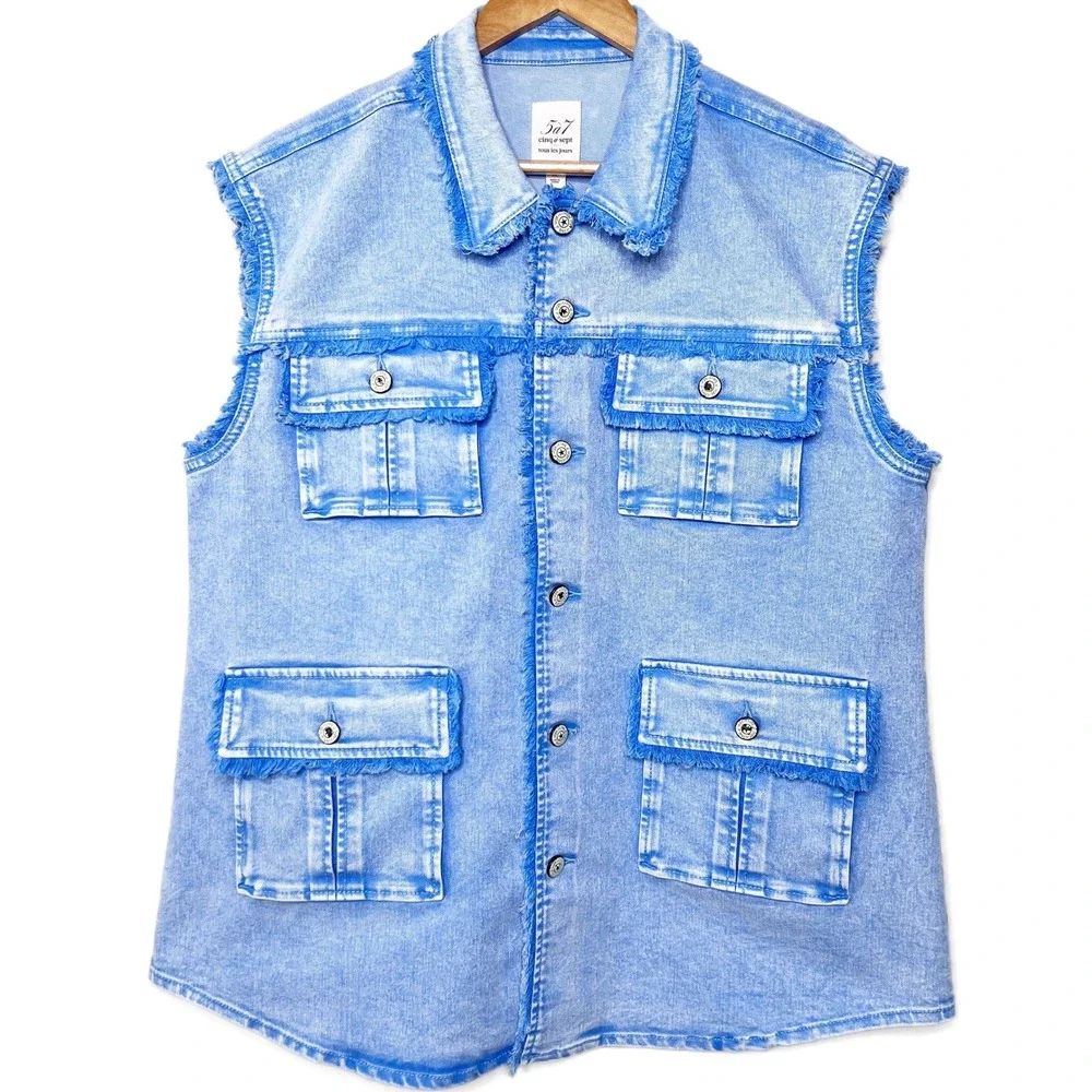 Cinq a Sept Tours Les Jours Vera Blue Denim Fringe Utility Cargo Vest Size XL - Picture 2 of 8